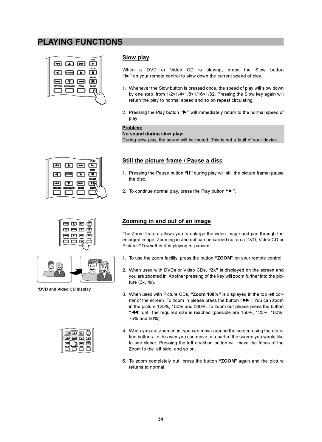 CyberHome Entertainment CH-DVD 452 manual Slow play, Still the picture frame / Pause a disc, Zooming in and out of an image 