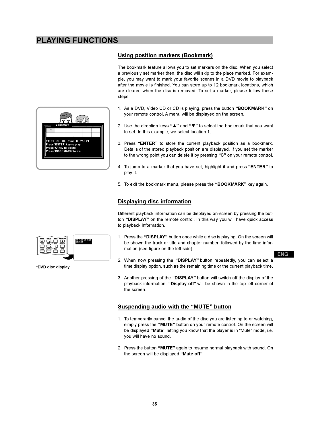 CyberHome Entertainment CH-DVD 452 manual Using position markers Bookmark, Displaying disc information 