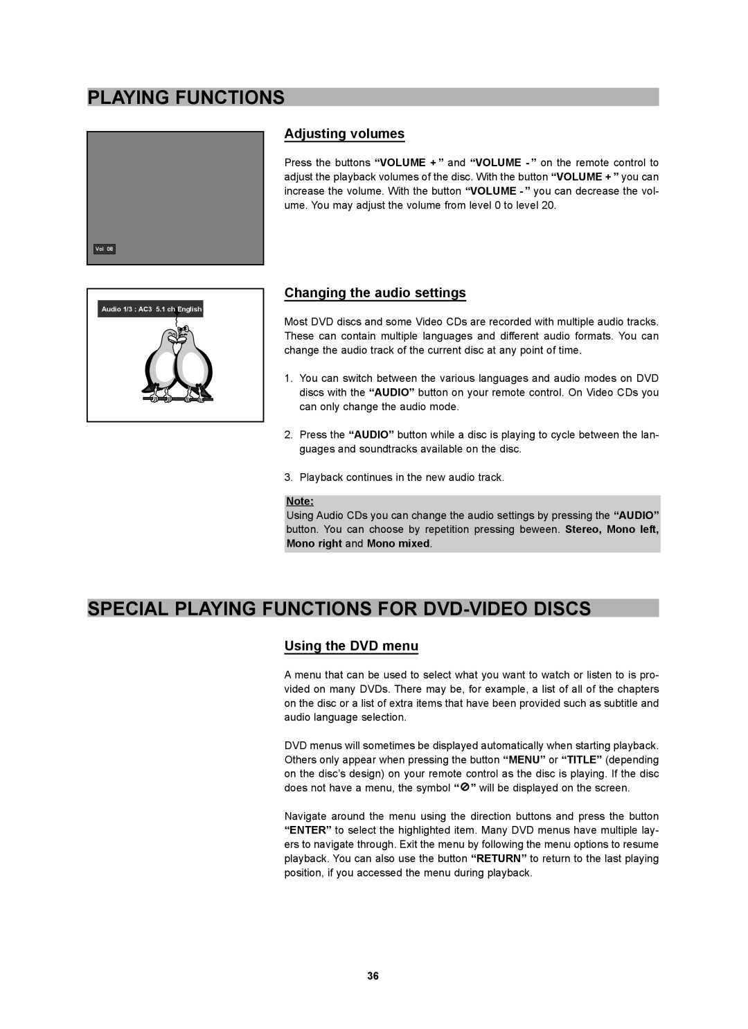 CyberHome Entertainment CH-DVD 452 Special Playing Functions for DVD-VIDEO Discs, Adjusting volumes, Using the DVD menu 