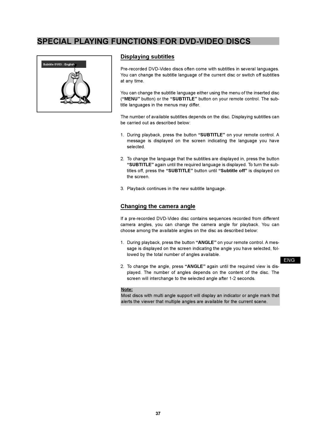 CyberHome Entertainment CH-DVD 452 manual Displaying subtitles, Changing the camera angle 