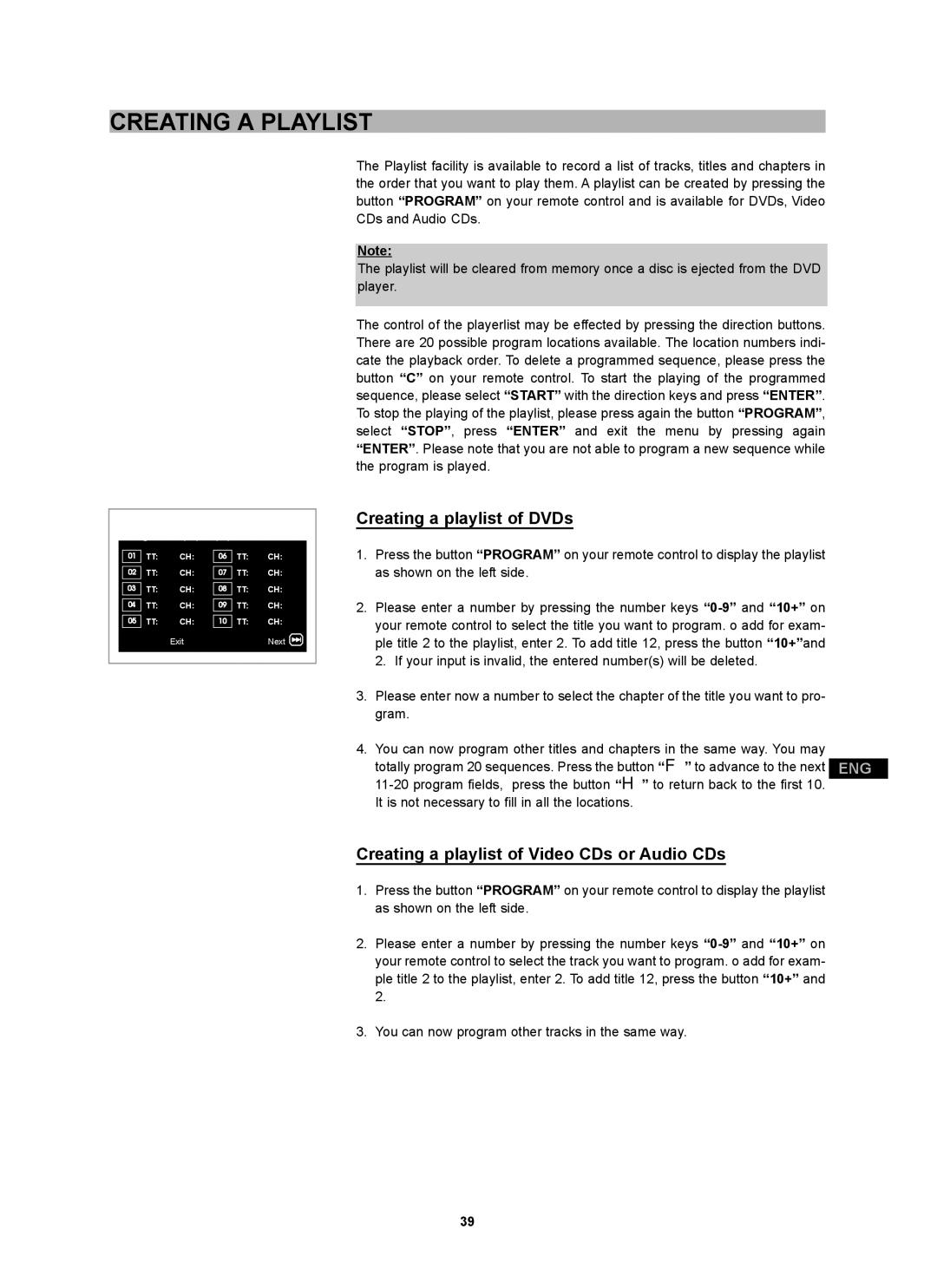 CyberHome Entertainment CH-DVD 452 manual Creating a Playlist, Creating a playlist of DVDs 