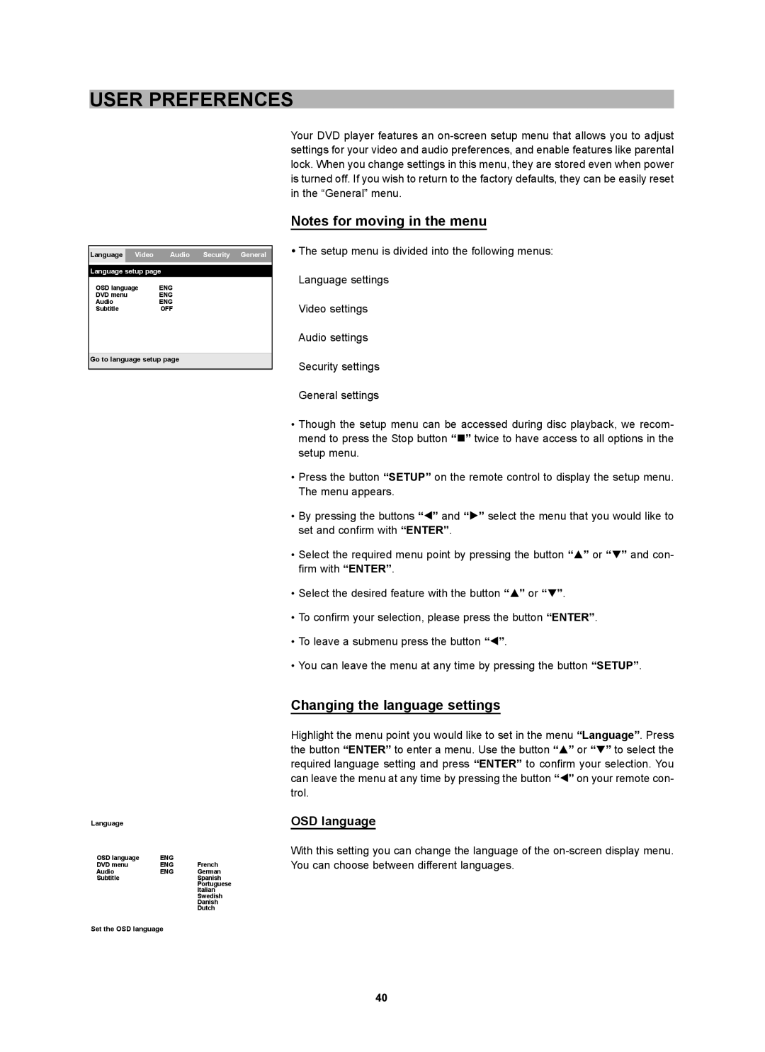 CyberHome Entertainment CH-DVD 452 manual User Preferences, Changing the language settings, OSD language 