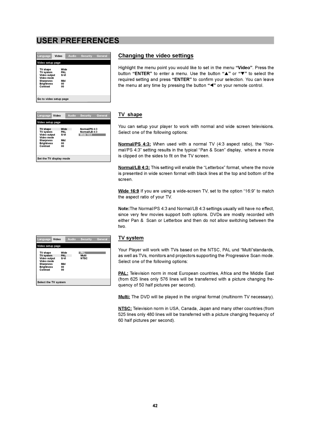 CyberHome Entertainment CH-DVD 452 manual Changing the video settings, TV shape, TV system 