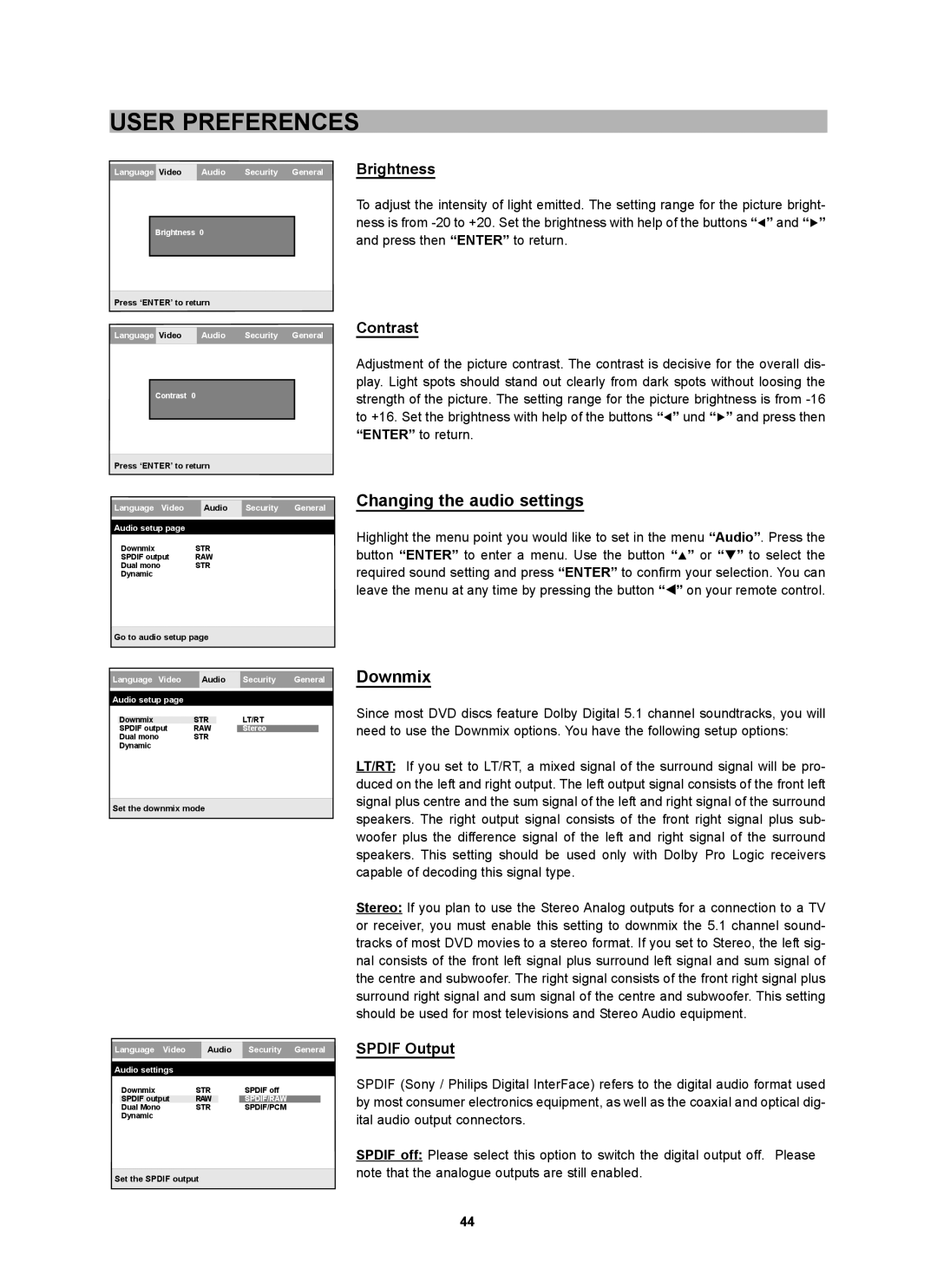 CyberHome Entertainment CH-DVD 452 manual Downmix, Brightness, Contrast, Spdif Output 