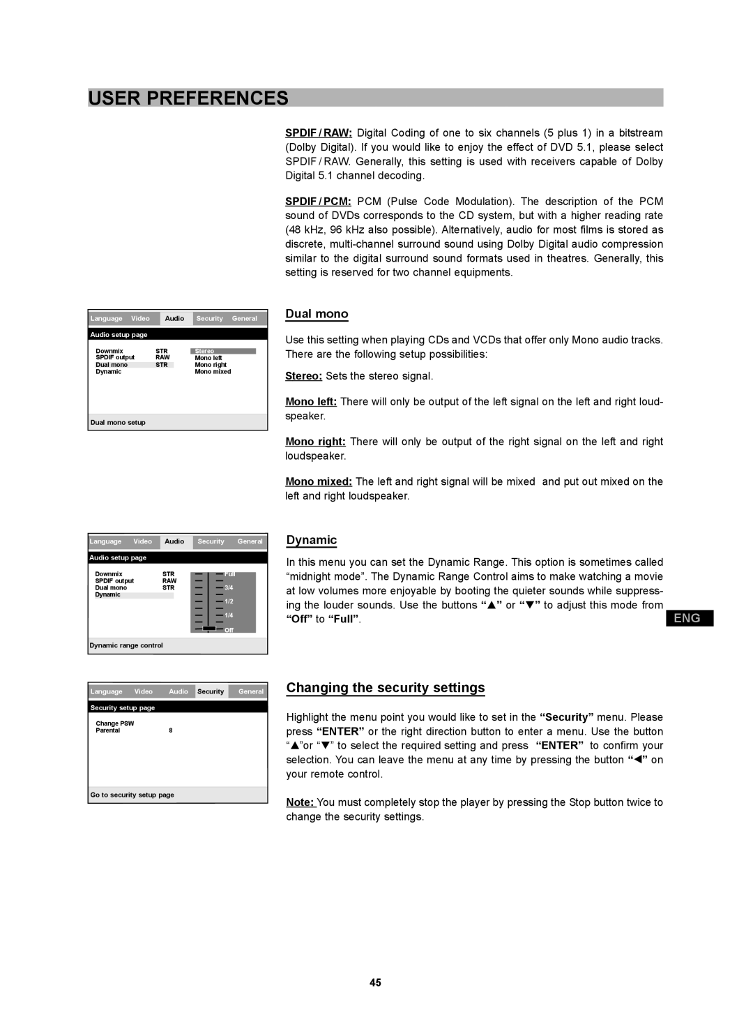 CyberHome Entertainment CH-DVD 452 manual Changing the security settings, Dual mono, Dynamic, Off to Full 