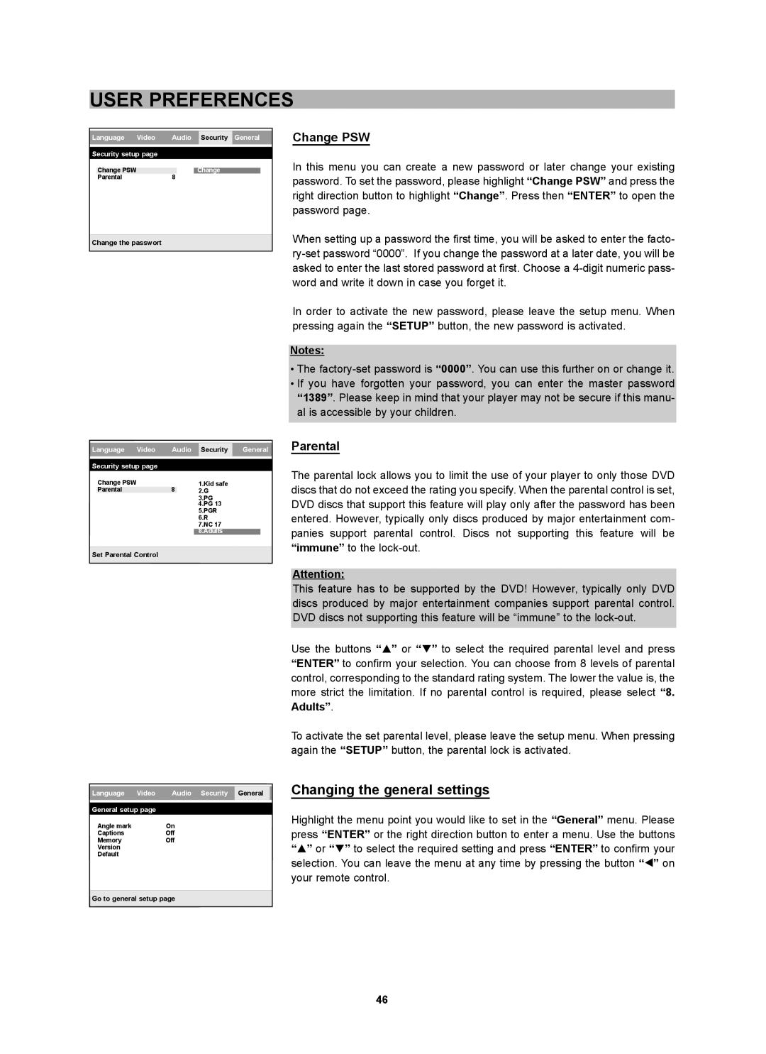 CyberHome Entertainment CH-DVD 452 manual Changing the general settings, Change PSW, Parental 