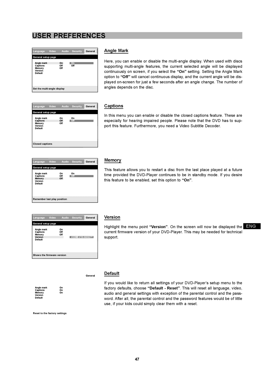 CyberHome Entertainment CH-DVD 452 manual Angle Mark, Captions, Memory, Version, Default 