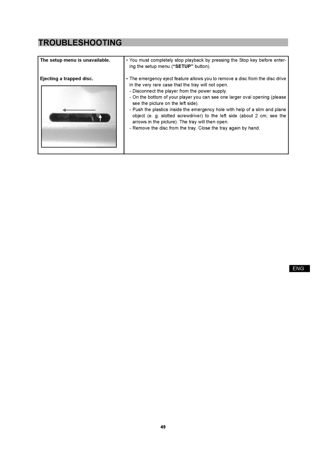 CyberHome Entertainment CH-DVD 452 manual Setup menu is unavailable Ejecting a trapped disc 