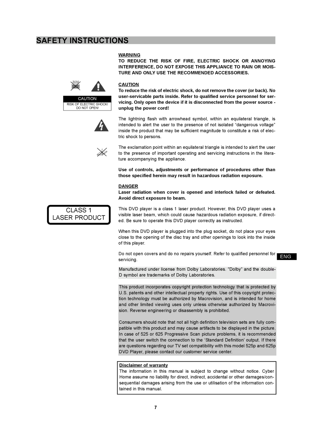 CyberHome Entertainment CH-DVD 452 manual Class Laser Product, Disclaimer of warranty 