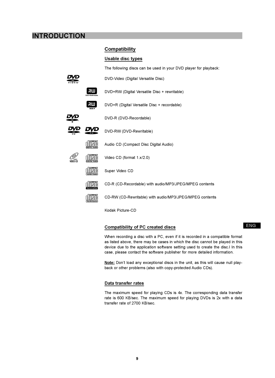 CyberHome Entertainment CH-DVD 452 manual Usable disc types, Compatibility of PC created discs, Data transfer rates 