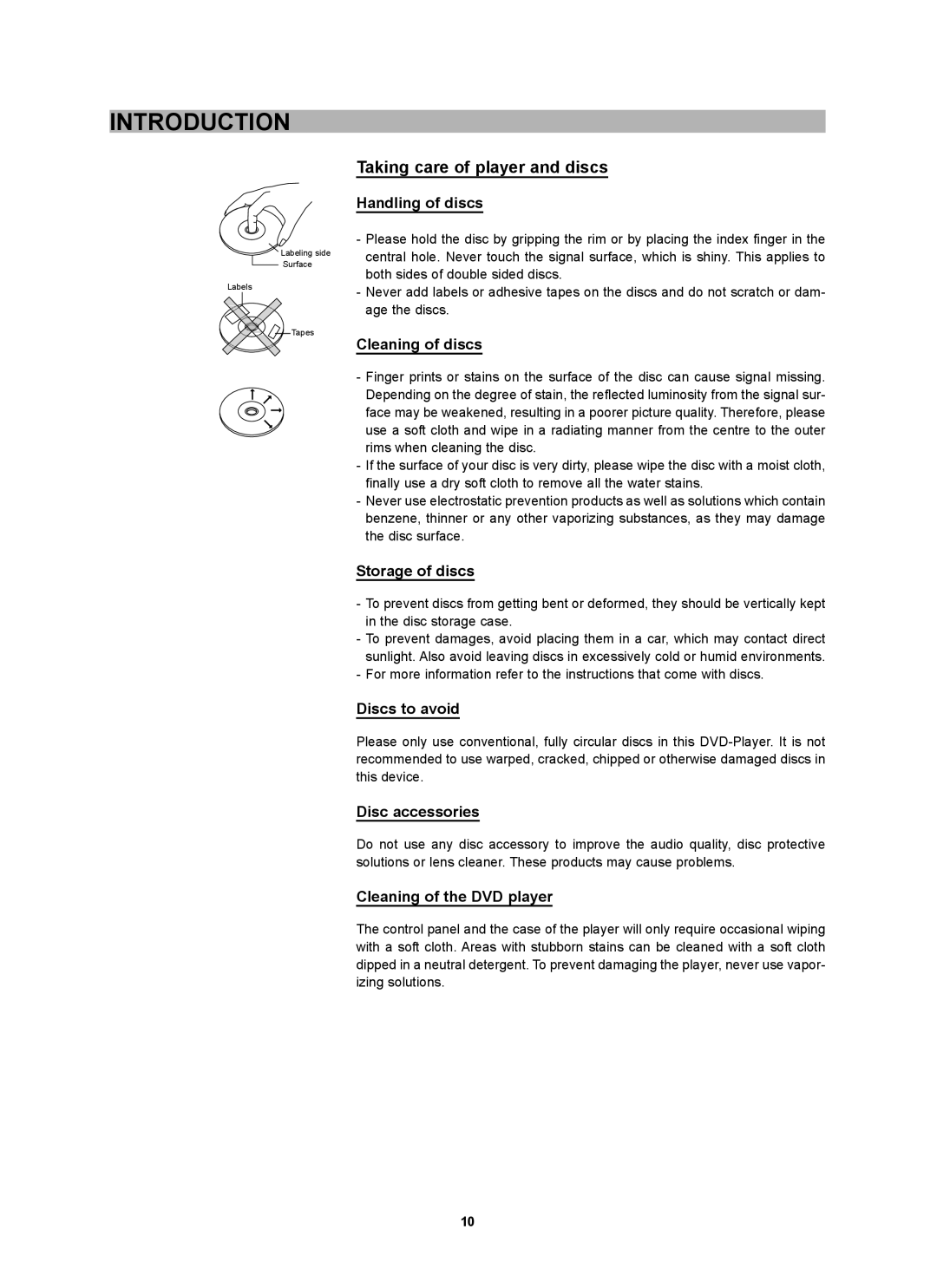 CyberHome Entertainment CH-DVD 452 manual Taking care of player and discs 