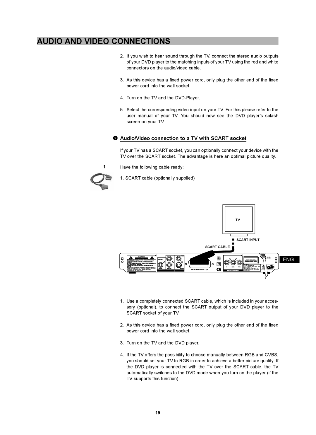 CyberHome Entertainment CH-DVD 452 manual Audio/Video connection to a TV with SCART socket, Audio And Video Connections 