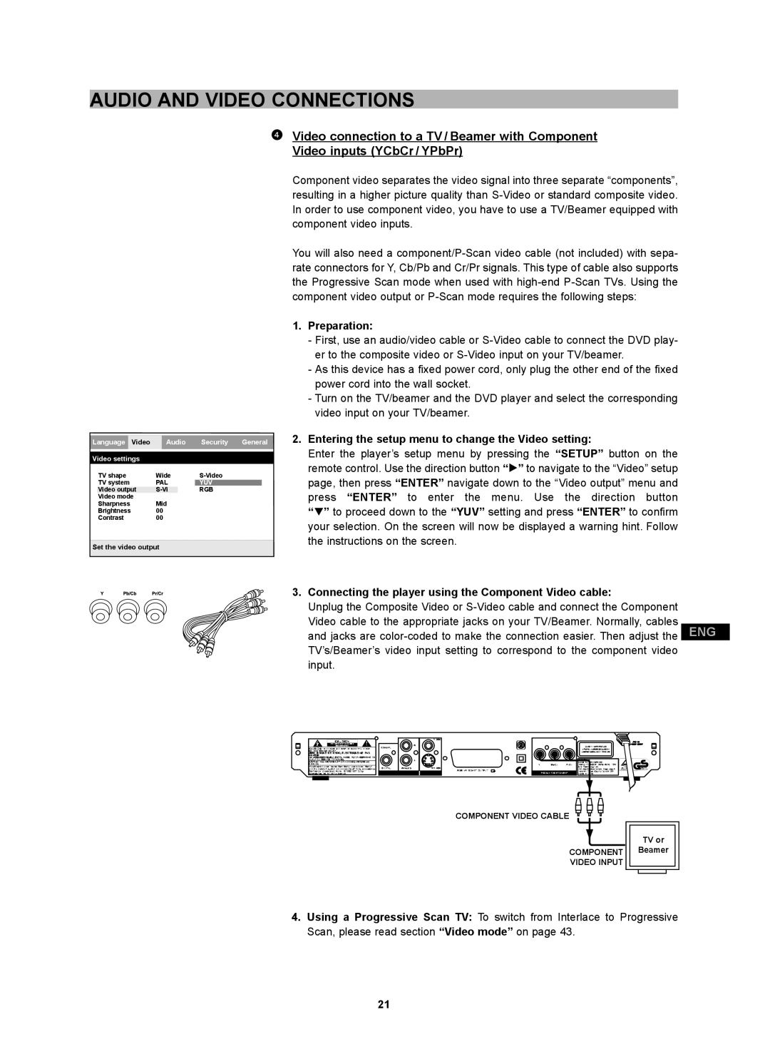 CyberHome Entertainment CH-DVD 452 manual Preparation, Entering the setup menu to change the Video setting 