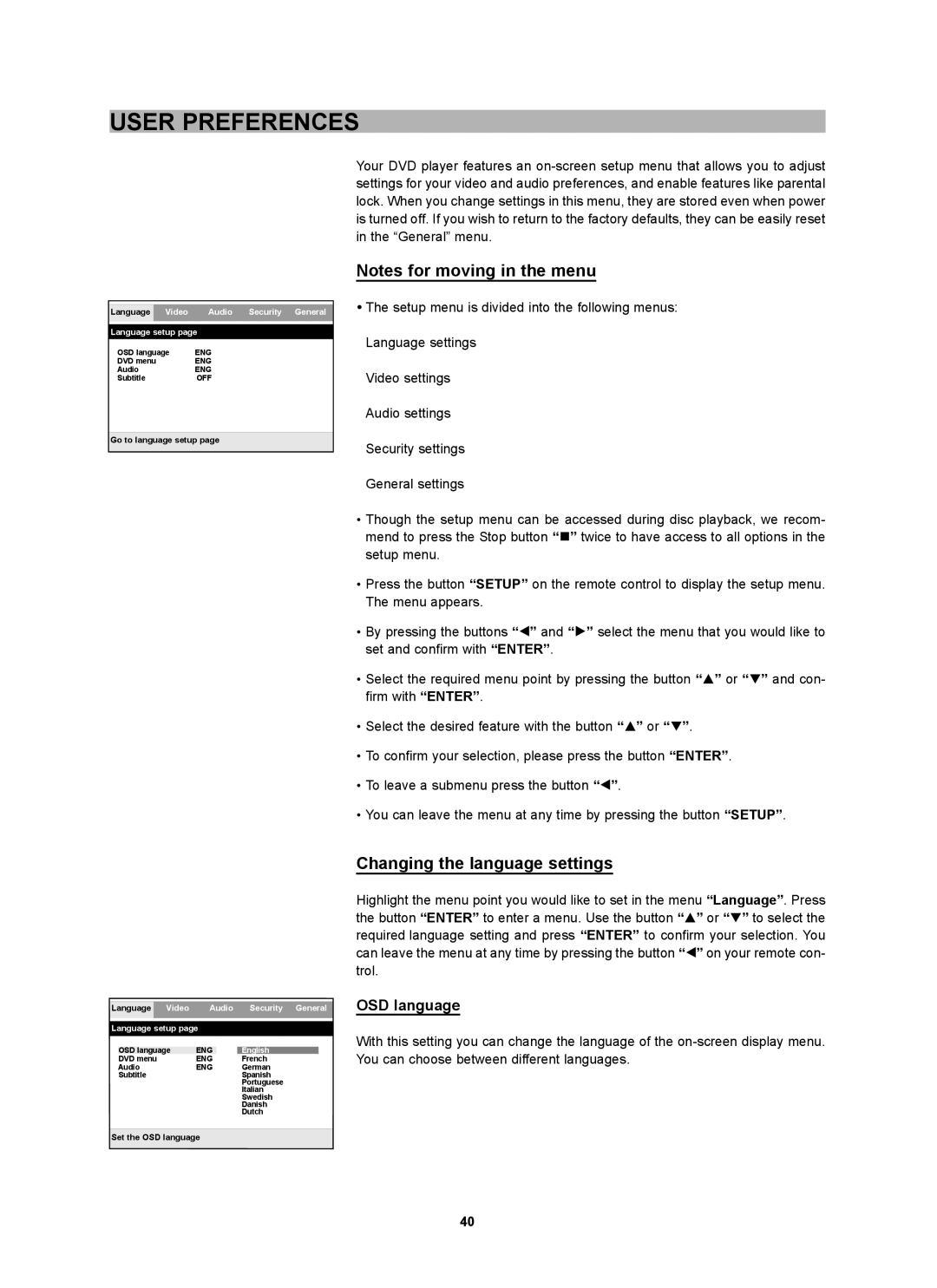 CyberHome Entertainment CH-DVD 452 manual User Preferences, Notes for moving in the menu, Changing the language settings 