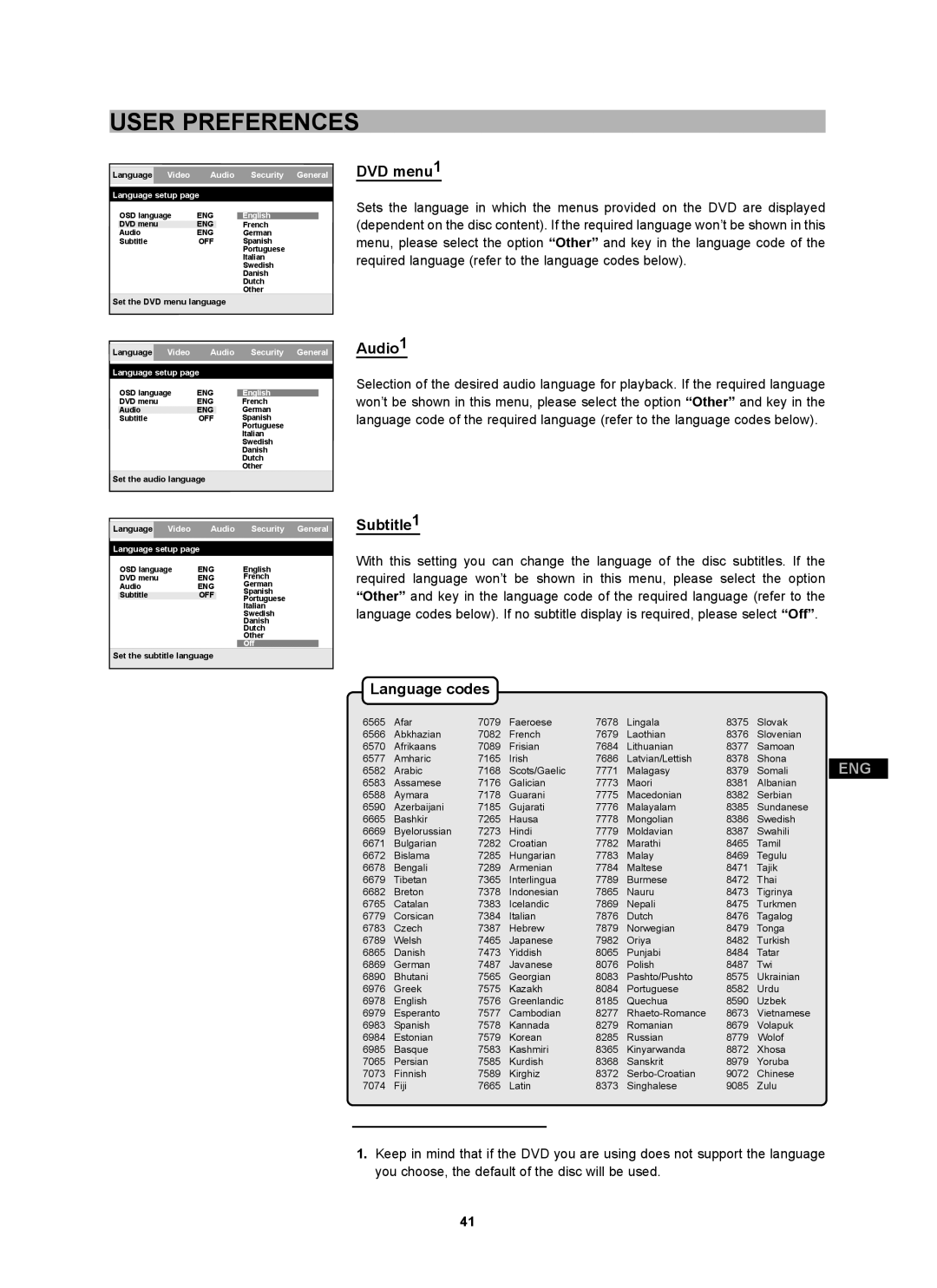 CyberHome Entertainment CH-DVD 452 manual DVD menu1, Audio1, Subtitle1, Language codes, User Preferences 