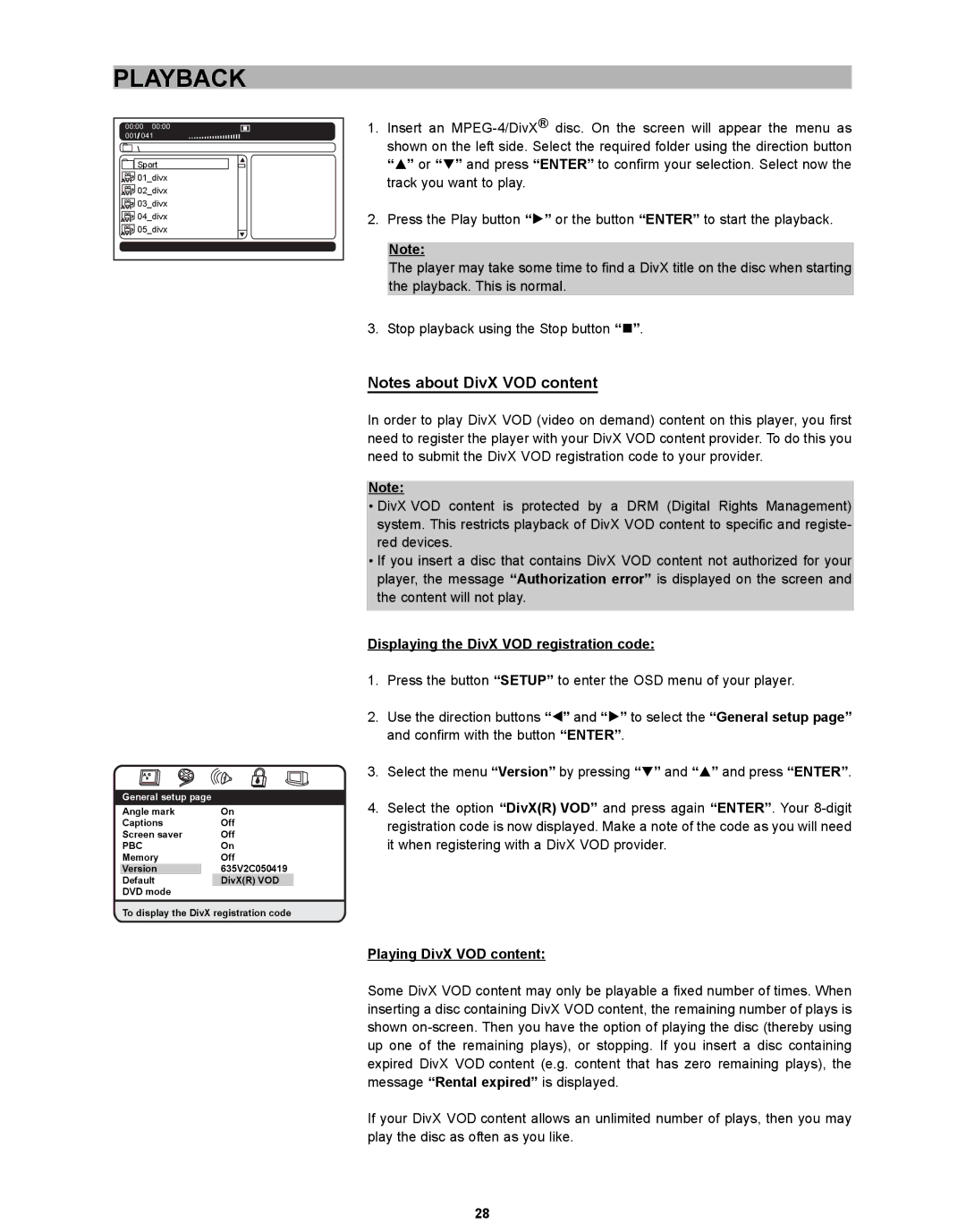 CyberHome Entertainment CH-DVD 635S manual Displaying the DivX VOD registration code, Playing DivX VOD content 