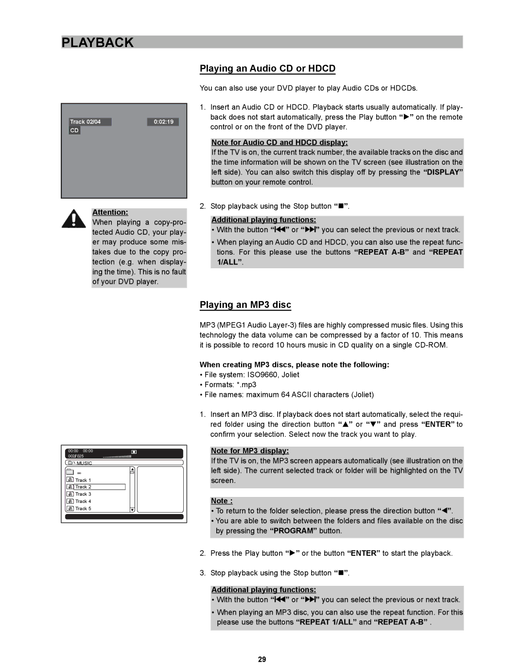 CyberHome Entertainment CH-DVD 635S manual Playing an Audio CD or Hdcd, Playing an MP3 disc, Additional playing functions 