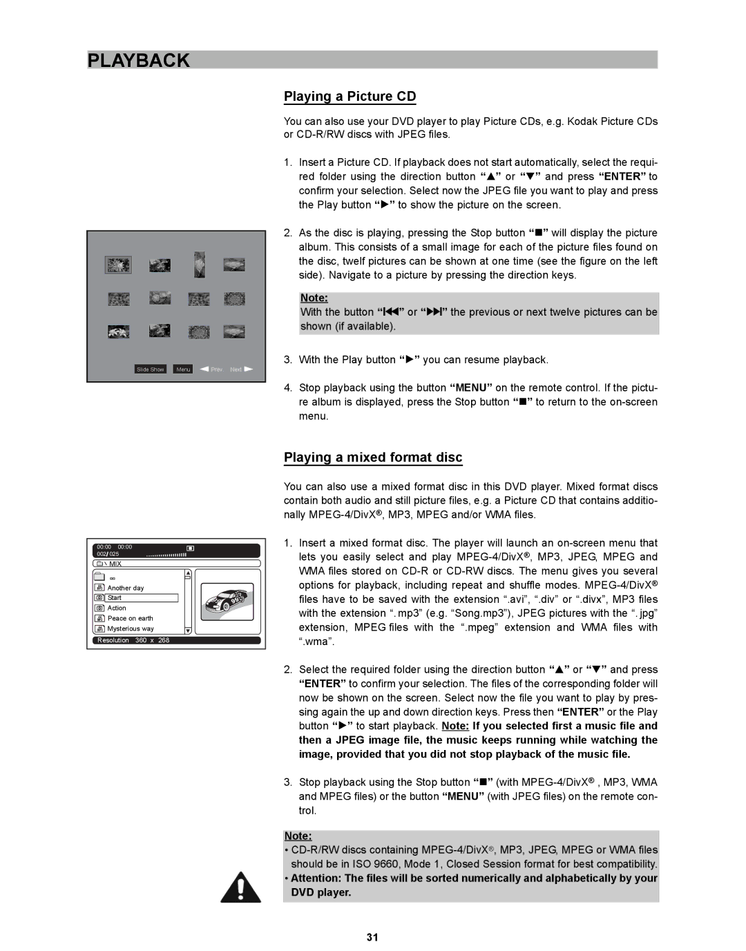 CyberHome Entertainment CH-DVD 635S manual Playing a Picture CD, Playing a mixed format disc 