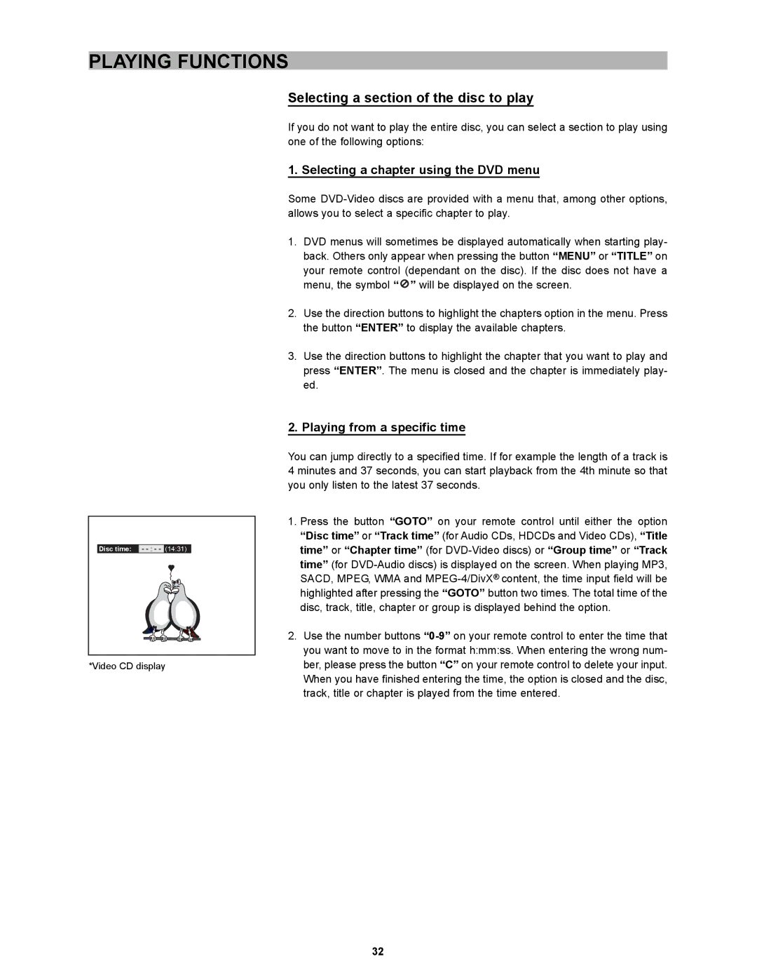 CyberHome Entertainment CH-DVD 635S manual Playing Functions, Selecting a section of the disc to play 