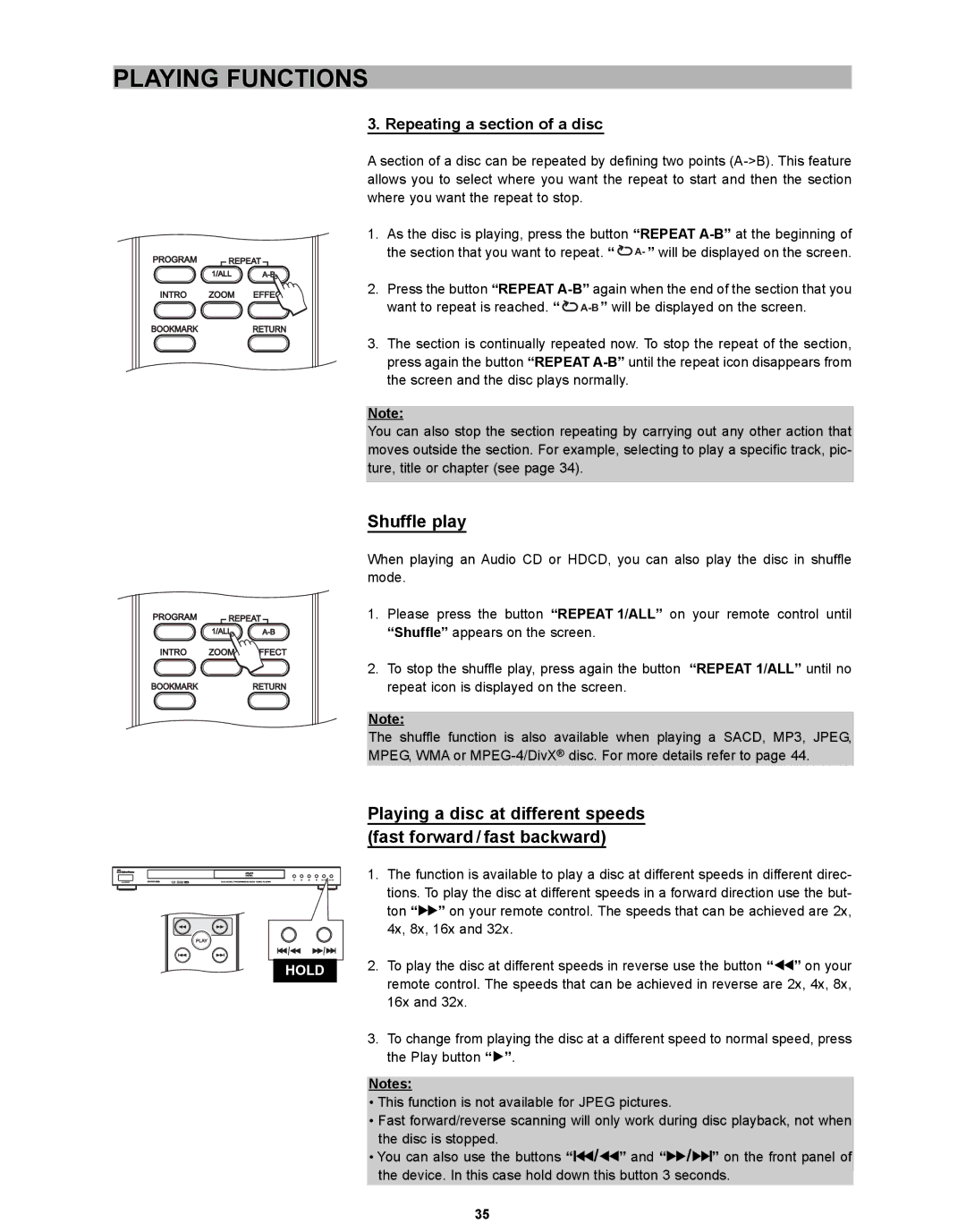 CyberHome Entertainment CH-DVD 635S manual Shuffle play, Repeating a section of a disc 