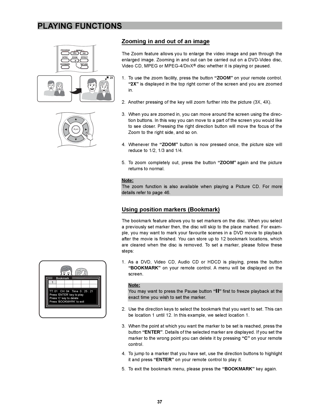 CyberHome Entertainment CH-DVD 635S manual Zooming in and out of an image, Using position markers Bookmark 