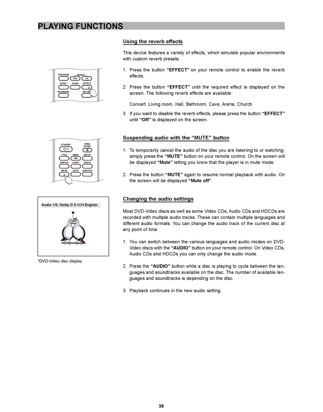 CyberHome Entertainment CH-DVD 635S manual Using the reverb effects, Suspending audio with the Mute button 