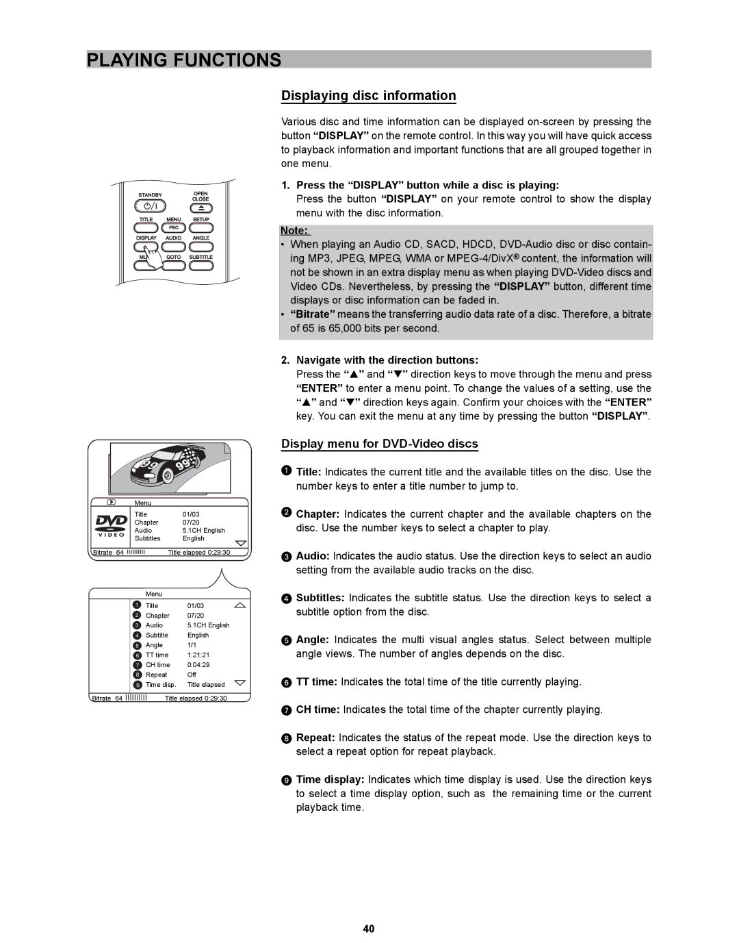 CyberHome Entertainment CH-DVD 635S manual Displaying disc information, Display menu for DVD-Video discs 