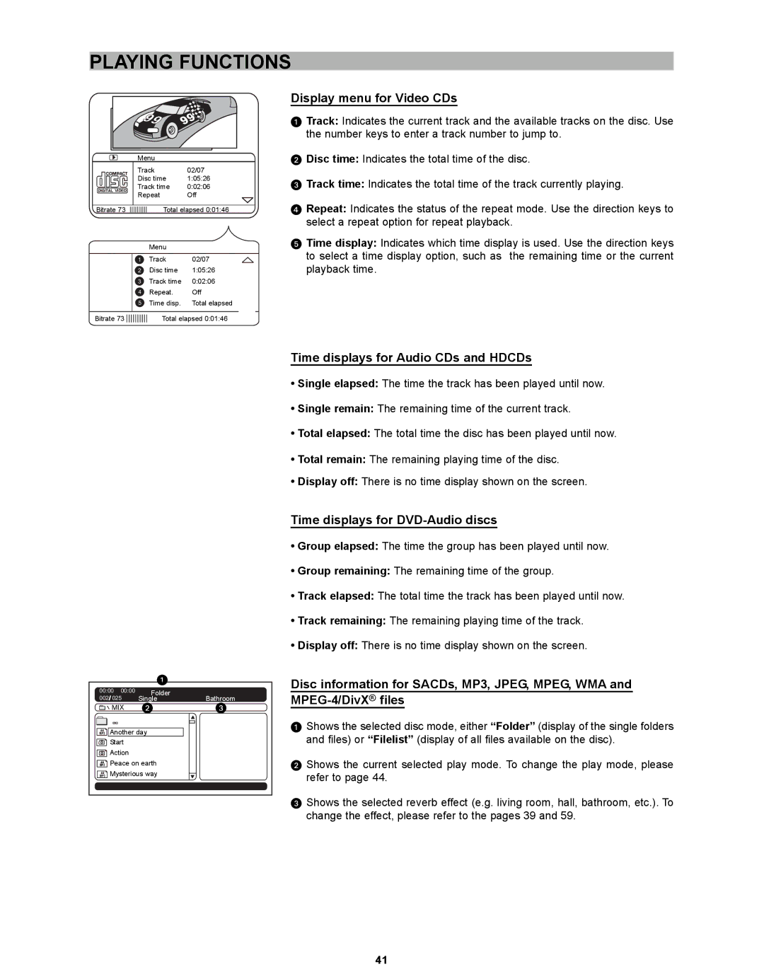 CyberHome Entertainment CH-DVD 635S manual Display menu for Video CDs, Time displays for Audio CDs and HDCDs 