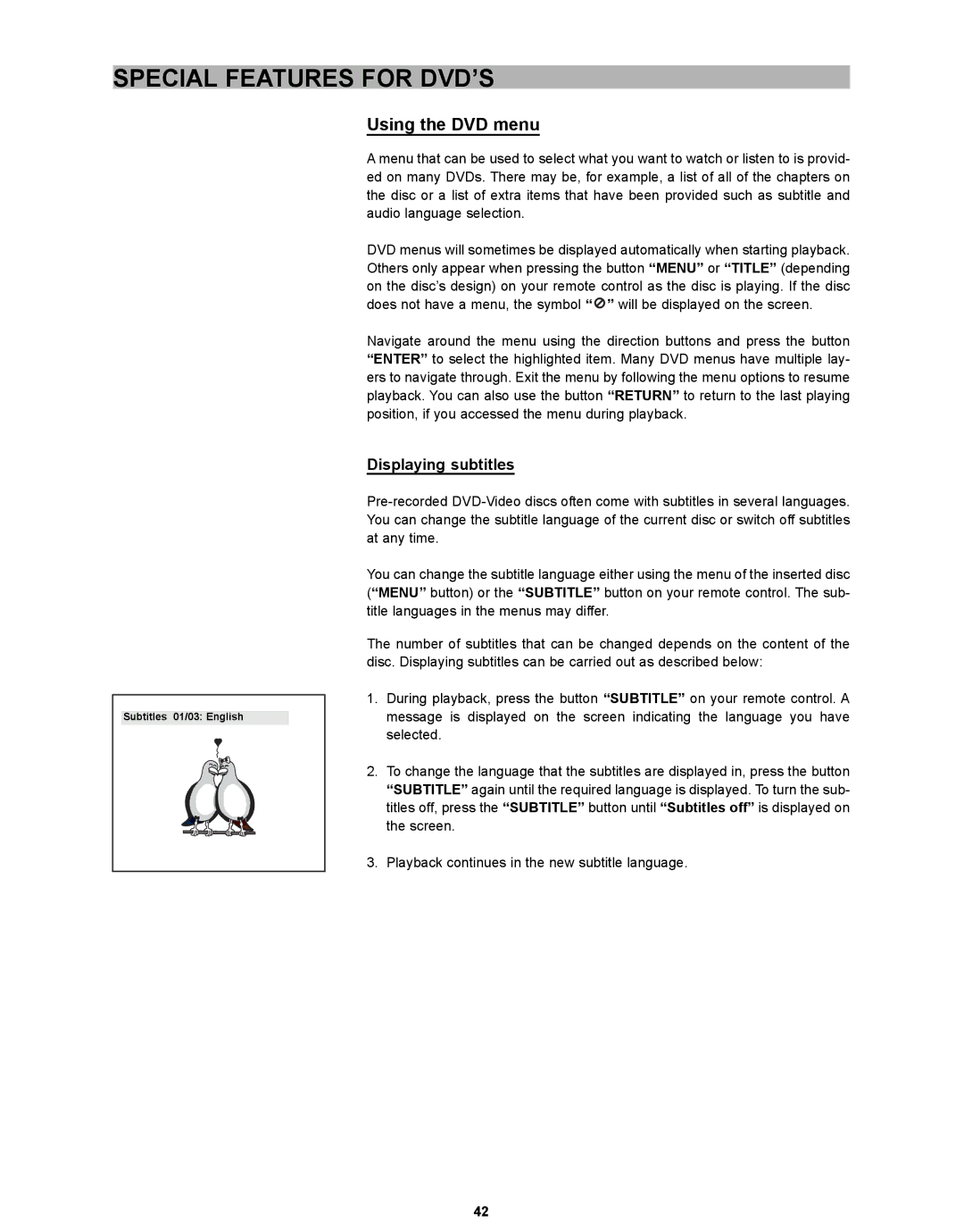 CyberHome Entertainment CH-DVD 635S manual Special Features for DVD’S, Using the DVD menu, Displaying subtitles 