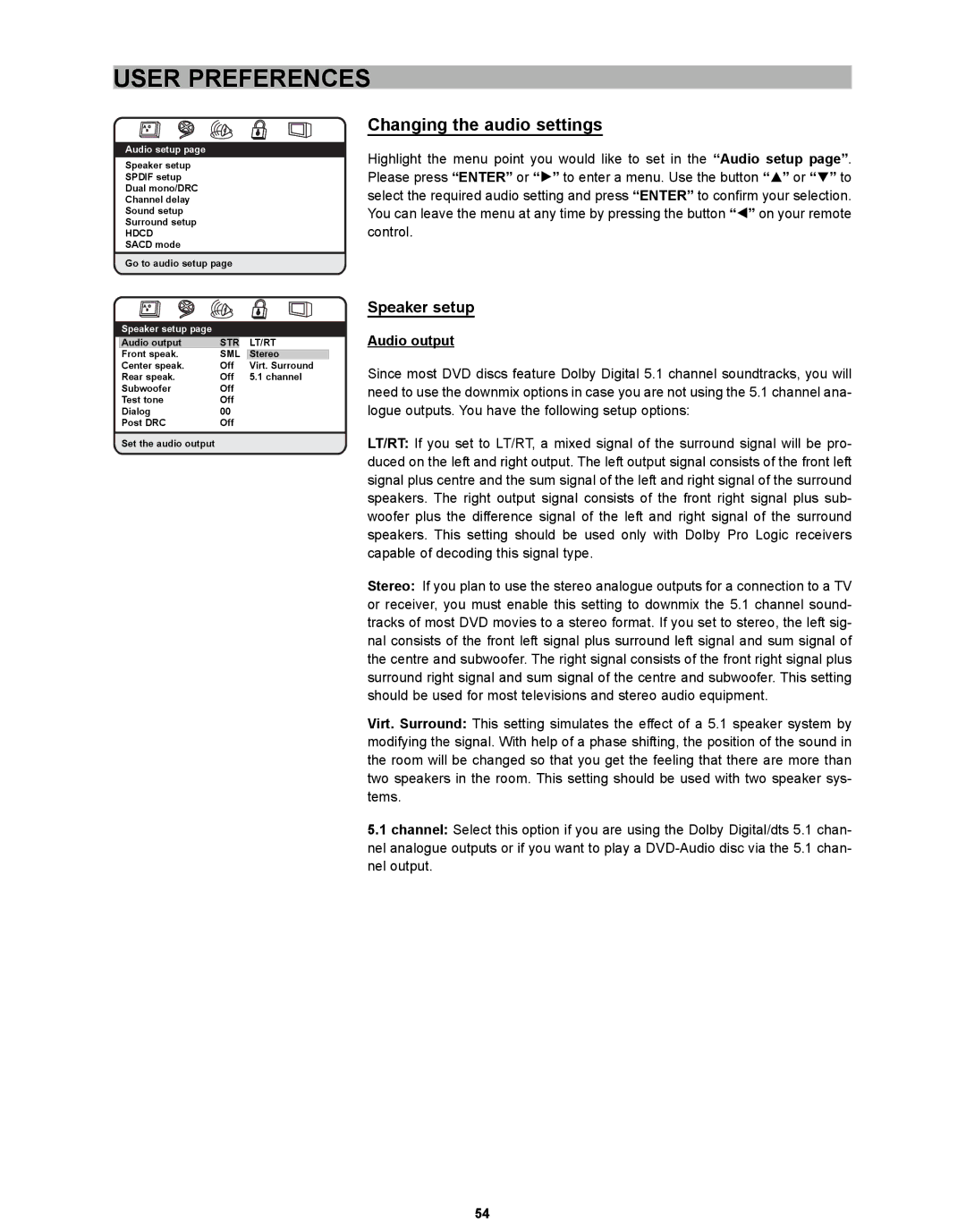 CyberHome Entertainment CH-DVD 635S manual Changing the audio settings, Speaker setup, Audio output 