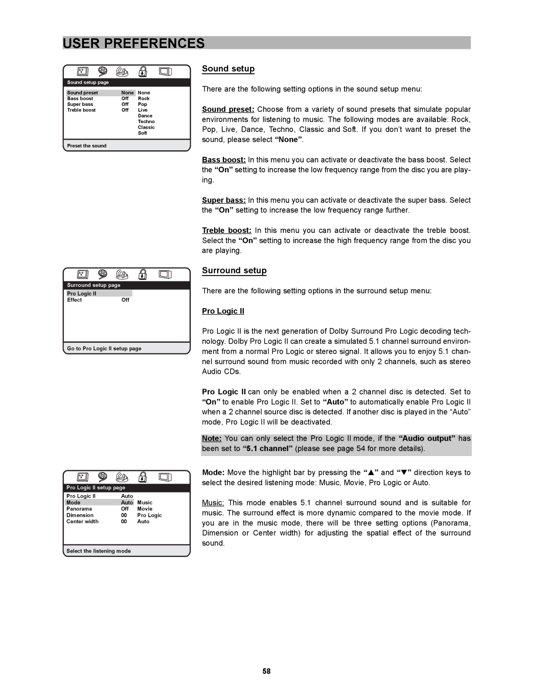 CyberHome Entertainment CH-DVD 635S manual Sound setup, Surround setup, Pro Logic 