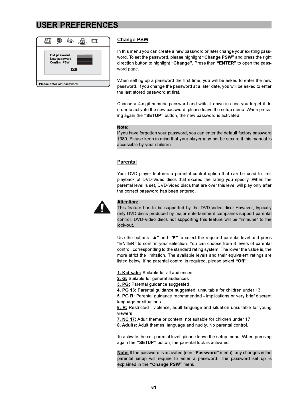 CyberHome Entertainment CH-DVD 635S manual Change PSW, Parental 