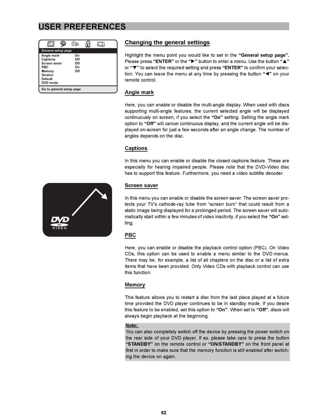 CyberHome Entertainment CH-DVD 635S manual Changing the general settings, Angle mark, Captions, Screen saver, Memory 