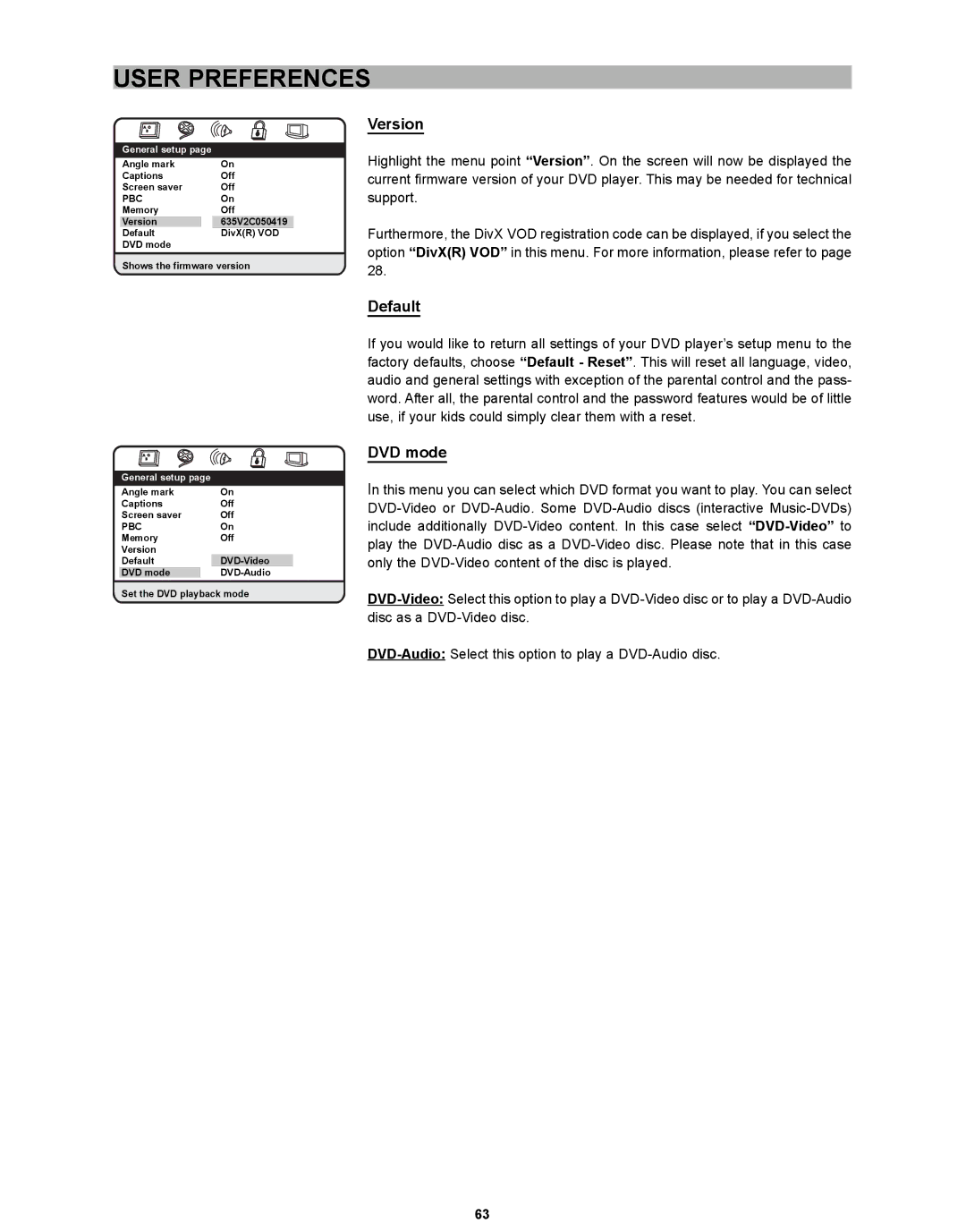 CyberHome Entertainment CH-DVD 635S manual Version, Default, DVD mode 