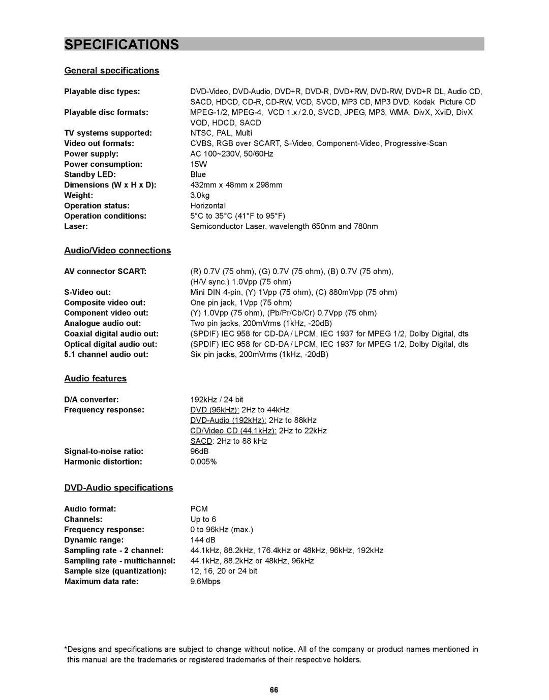 CyberHome Entertainment CH-DVD 635S manual Specifications, General specifications, Audio/Video connections, Audio features 