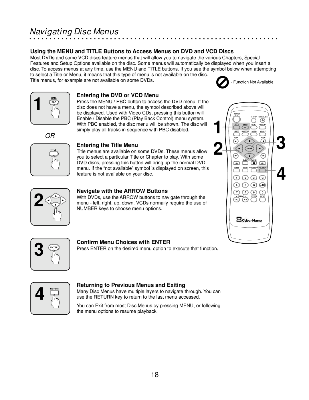 CyberHome Entertainment CH-DVD500 owner manual Navigating Disc Menus 