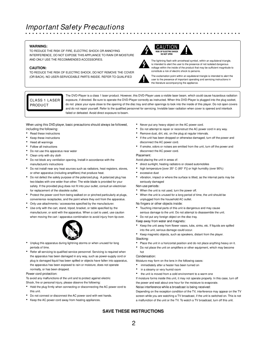 CyberHome Entertainment CH-DVD500 owner manual Important Safety Precautions, Class 1 Laser Product 