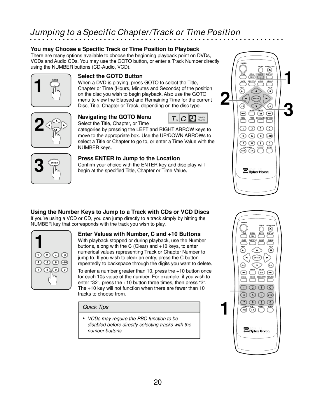 CyberHome Entertainment CH-DVD500 owner manual Jumping to a Specific Chapter/Track or Time Position, Select the Goto Button 