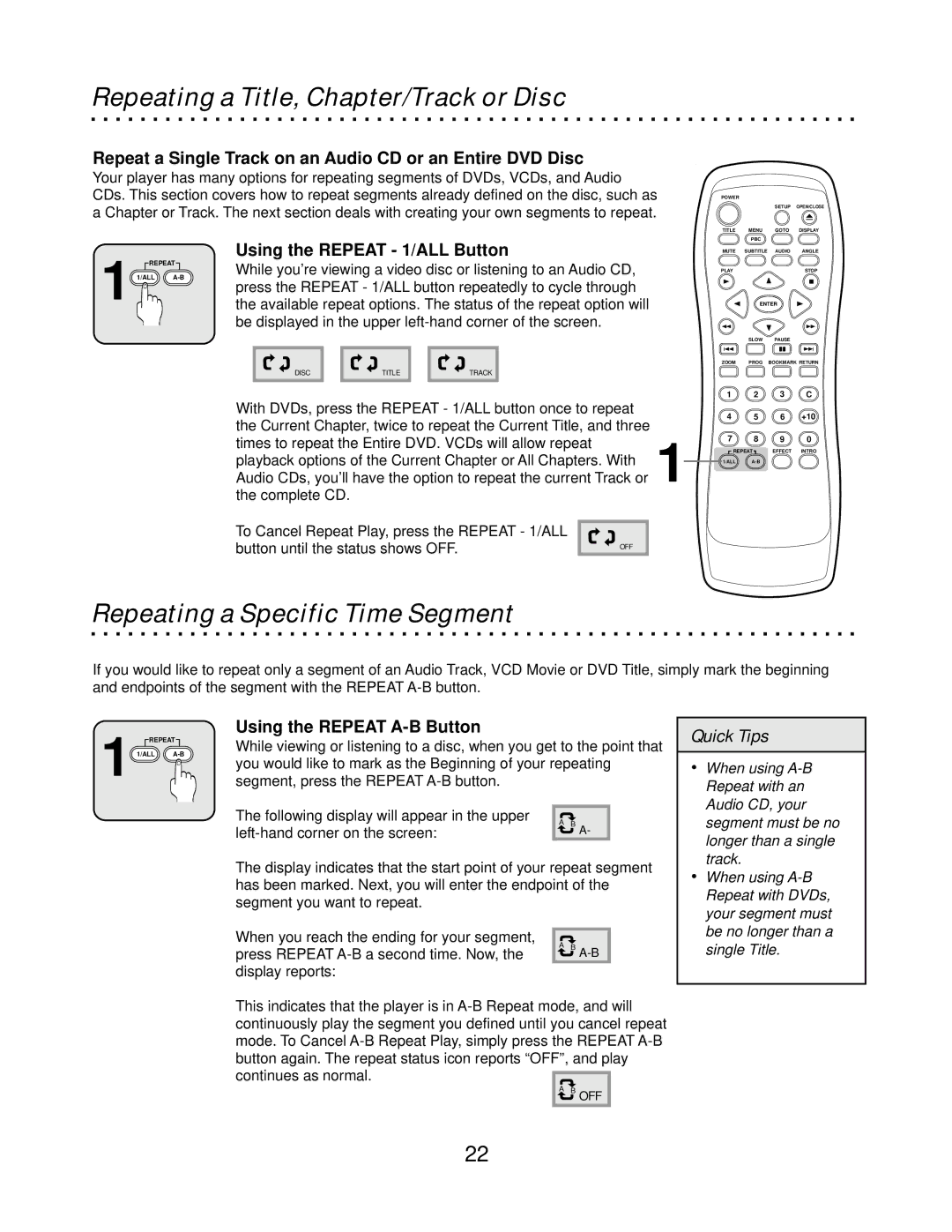 CyberHome Entertainment CH-DVD500 owner manual Repeating a Title, Chapter/Track or Disc, Repeating a Specific Time Segment 