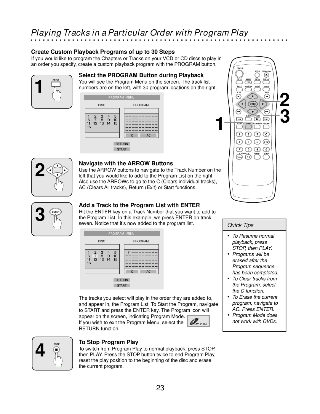 CyberHome Entertainment CH-DVD500 owner manual Playing Tracks in a Particular Order with Program Play, To Stop Program Play 