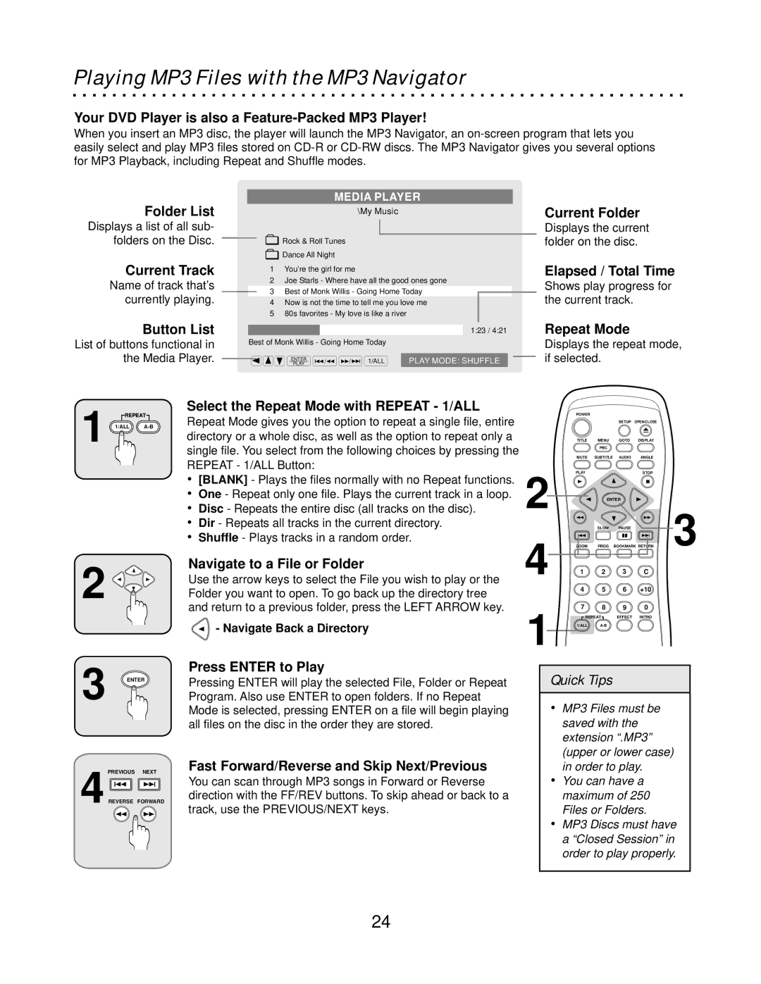 CyberHome Entertainment CH-DVD500 owner manual Playing MP3 Files with the MP3 Navigator 