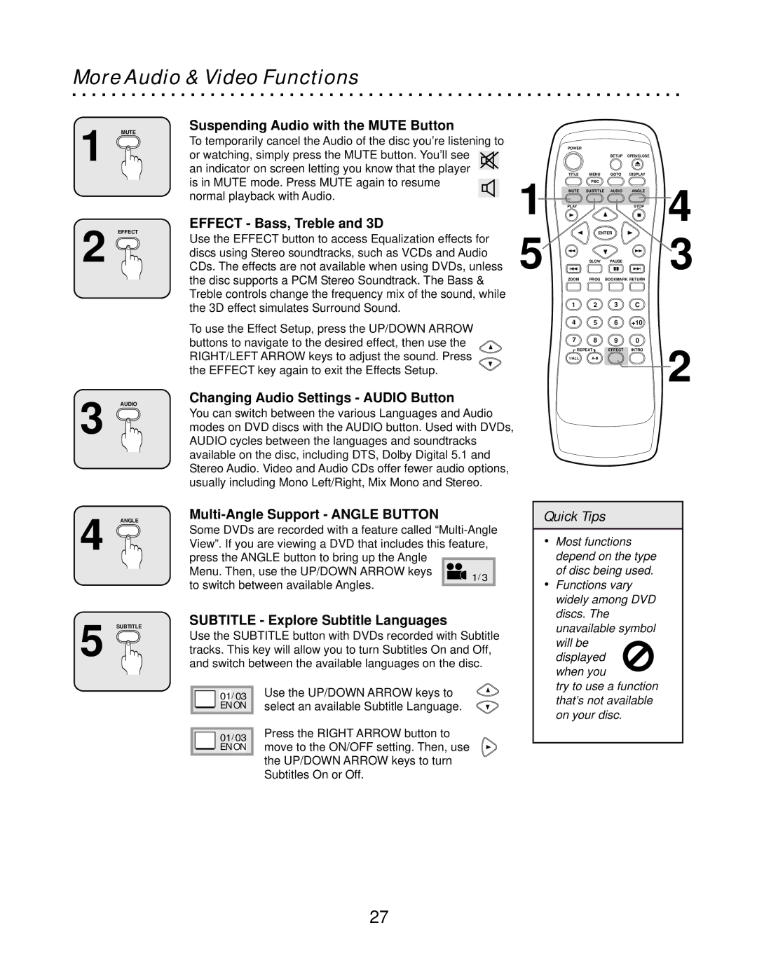 CyberHome Entertainment CH-DVD500 owner manual More Audio & Video Functions 