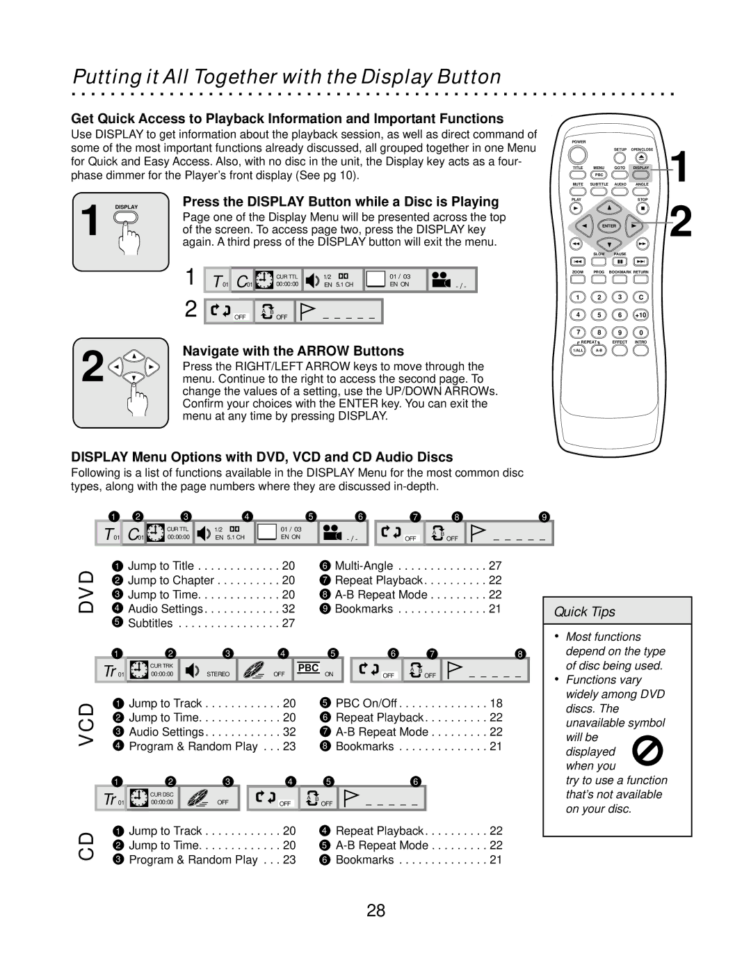 CyberHome Entertainment CH-DVD500 owner manual Putting it All Together with the Display Button 