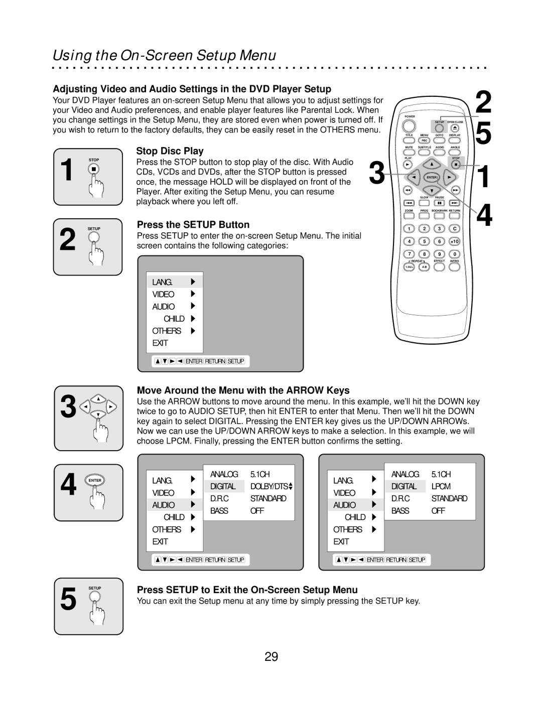 CyberHome Entertainment CH-DVD500 owner manual Using the On-Screen Setup Menu 