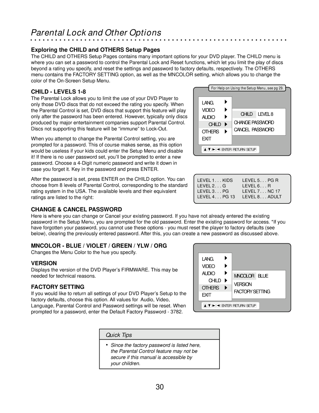 CyberHome Entertainment CH-DVD500 owner manual Parental Lock and Other Options 