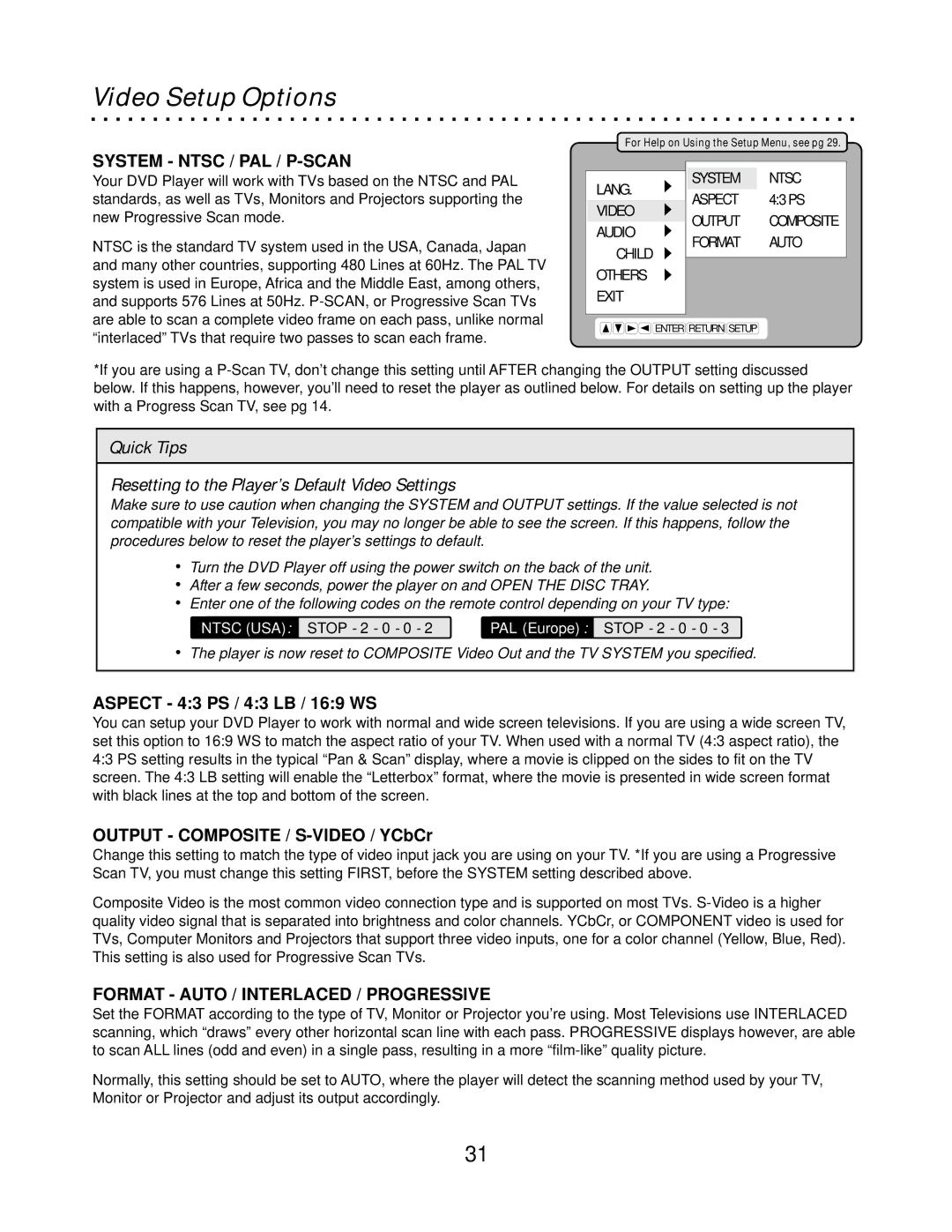 CyberHome Entertainment CH-DVD500 Video Setup Options, System Ntsc / PAL / P-SCAN, Aspect 43 PS / 43 LB / 169 WS 