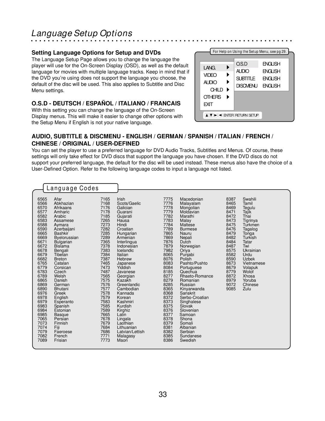 CyberHome Entertainment CH-DVD500 owner manual Language Setup Options, Setting Language Options for Setup and DVDs 