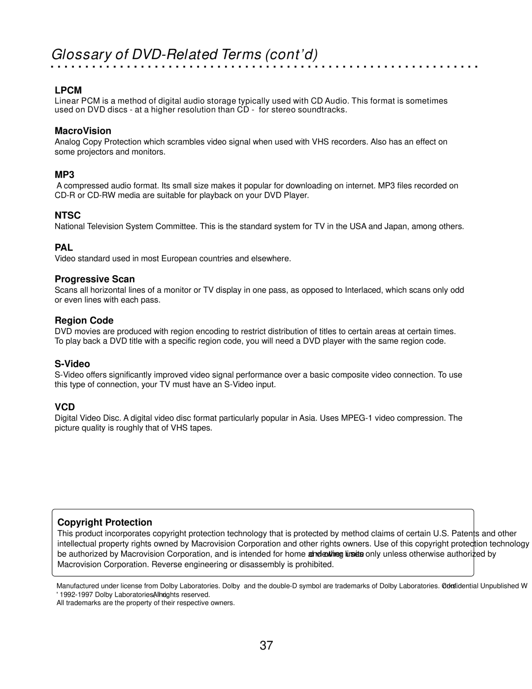 CyberHome Entertainment CH-DVD500 owner manual Glossary of DVD-Related Terms cont’d 