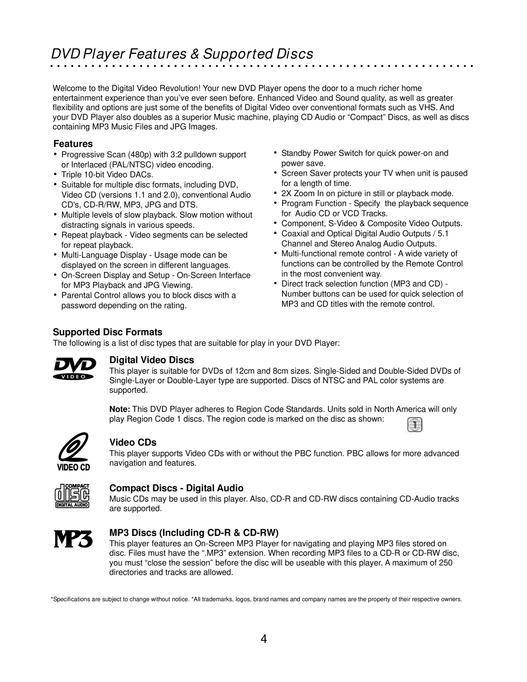 CyberHome Entertainment CH-DVD500 owner manual DVD Player Features & Supported Discs 