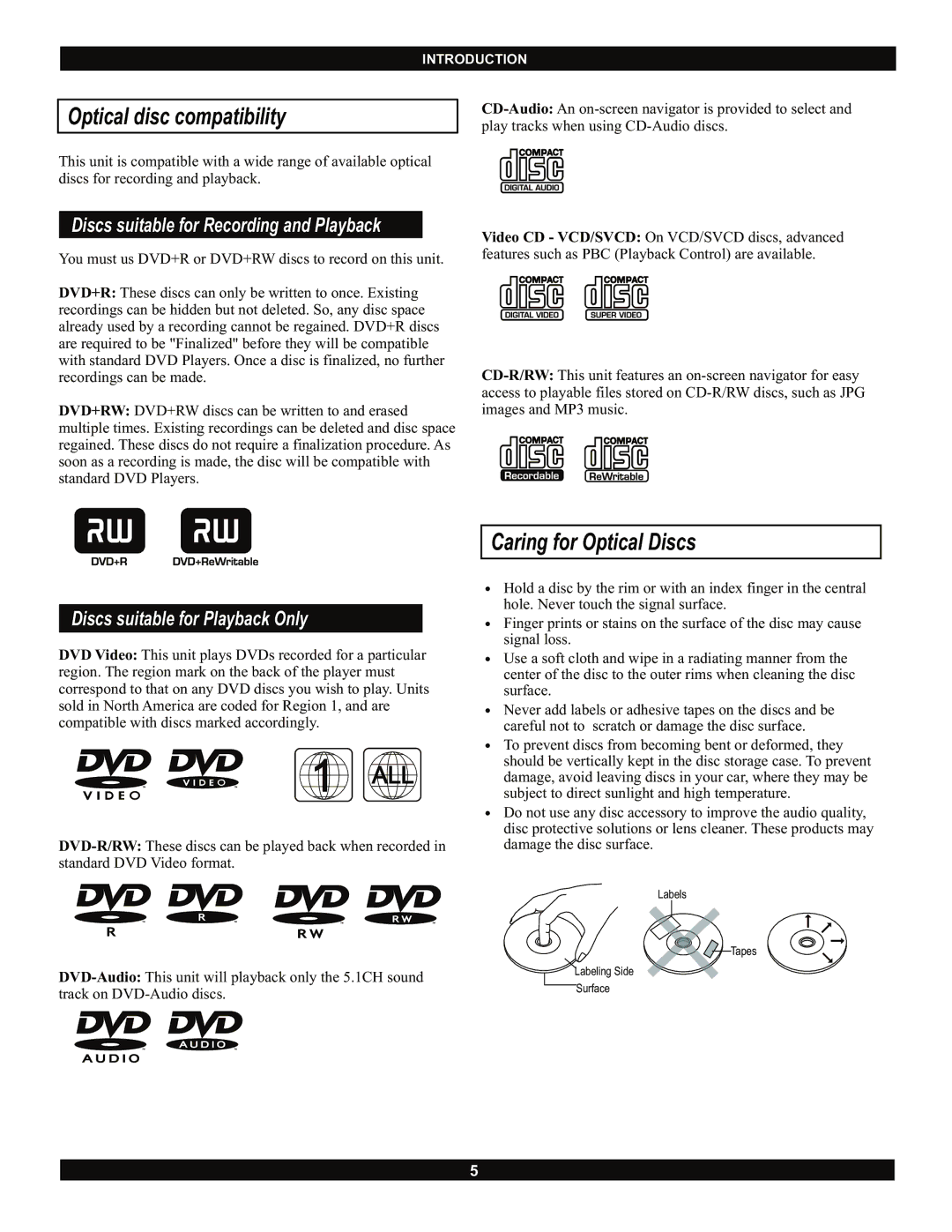 CyberHome Entertainment CH-DVR 1500 manual Optical disc compatibility, Caring for Optical Discs 